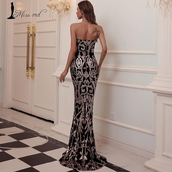 Miss Ord Embellished Black and Gold Strapless Gown - Picture 5 of 16